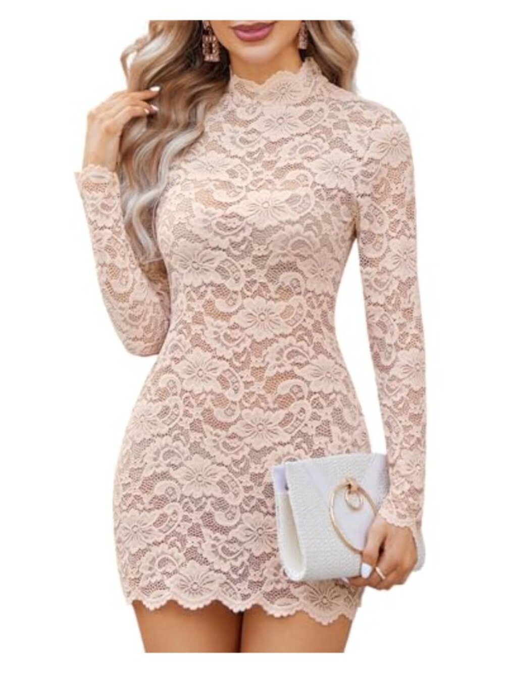 Sheer Lace Mini Dress Long Sleeve Mock Neck Bodycon Cocktail Party